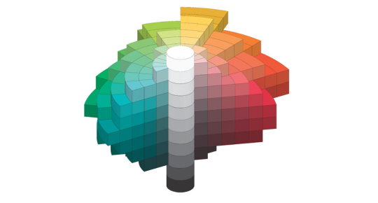 RAL DESIGN SYSTEM plus | RAL FARBEN 3D Modell des Farbsystems, das vorne aufgeklappt ist, um die Helligkeit und Grauachse zu zeigen RAL DESIGN SYSTEM plus | RAL COLOURS 3D model of the colour system, unfolded at the front to show the lightness and grey axis 